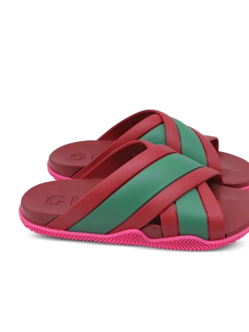 Gucci Green & Red Crisscross Slide Sandals with Pink Outsole